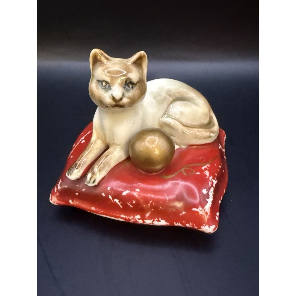 Vintage Japan Ceramic Cat Coin Bank Figurine on Red Pillow Mid Century